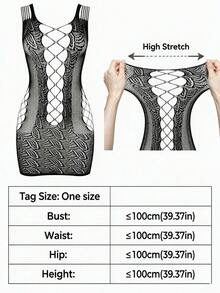 1 buah Bodysuit Jala Seksi, Pola Renda Berongga, Elastis, Halloween - Hitam - View 5