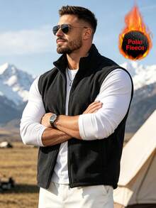 Men's Casual Solid Color Stand Collar Sleeveless Jacket, Fleece Outdoor Jacket, Autumn/Winter Vest - Black - View 9