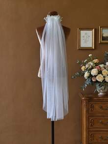 1 Pc Short Bridal Veil With Beaded Bow And Comb; Suitable For Civil Wedding Ceremonies And Bachelorette Parties. - White - View 7