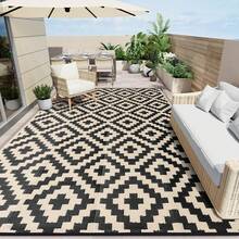 Karpet Luar Ruangan, Karpet Rumput Plastik Bolak-balik untuk Taman, Berkemah, RV, Cocok untuk Halaman, Teras, Balkon, Pintu Masuk Luar Ruangan, Halaman Belakang, Bangku, Piknik, Berkemah, Dek Kolam Renang, Hitam dan Krem - Salib Mihei - View 12