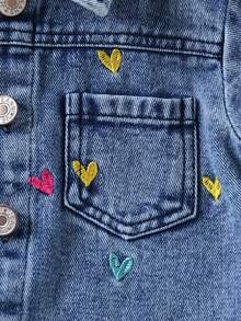 Baby Girl Colorful Heart Embroidered Turn Collar Button Washed Denim Jacket, Children Casual Outerwear - Blue - View 5