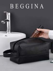 Wrist Bag, Black 3D Shape, Embossed English Logo, Side Handle Strap, Zipper Closure. Large Capacity Interior Space, Can Store Toiletries, Razors, Waterproof Fabric Easy To Clean, Portable Storage For Business Travel, Minimalist Business Style. - Black - View 1