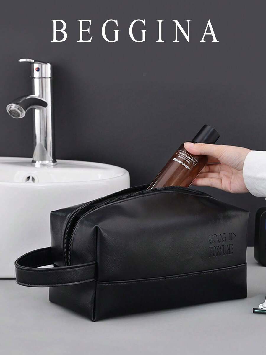Wrist Bag, Black 3D Shape, Embossed English Logo, Side Handle Strap, Zipper Closure. Large Capacity Interior Space, Can Store Toiletries, Razors, Waterproof Fabric Easy To Clean, Portable Storage For Business Travel, Minimalist Business Style. - Black - View 1