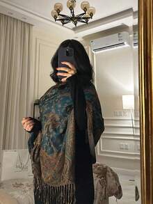 1件女款波西米亞風時尚復古佩斯利圖案頭巾，休閒優雅防曬披肩，適合日常穿搭與旅行 - 藍綠色 - 查看 4