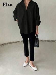 VELLA Women's Autumn Elegant Loose 3/4 Sleeve Rolled-Up Cuff Plus Size Blouse, Commuting, Back To School, Outing, Casual - Black - View 4