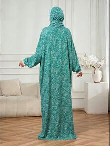 Women's Green Floral Pattern Abaya Long Robe, Lace Trim Long Sleeve Loose Long Islamic Dress With Matching Hooded Hijab, Suitable For Ramadan And Eid Conservative Ramadan Outfit - Mint Green - View 2