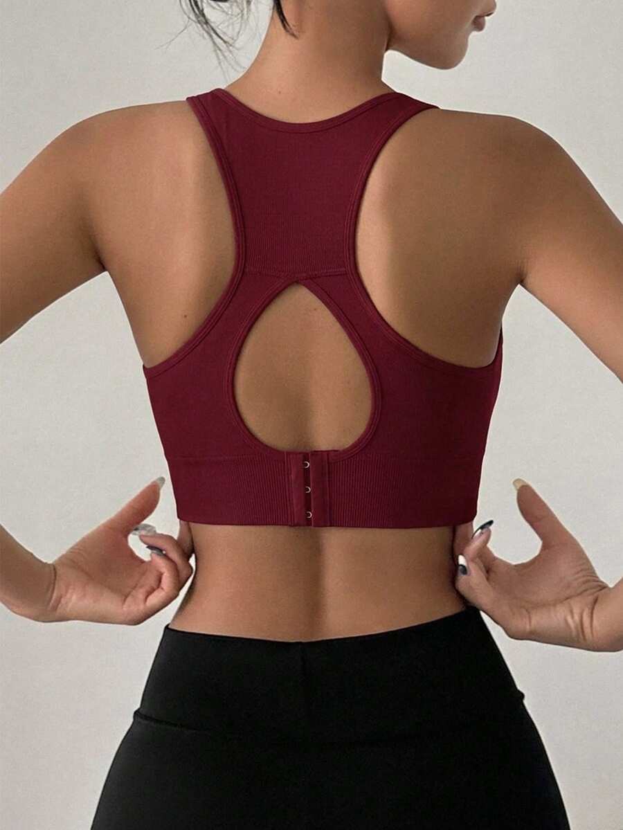 DAZY EMUPER 1pc Seamless Sports Racerback Bra, Hollow Backside Outerwear Elastic Solid Color Women Lingerie - Red - View 1
