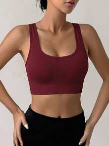 DAZY EMUPER 1pc Seamless Sports Racerback Bra, Hollow Backside Outerwear Elastic Solid Color Women Lingerie - Red - View 2