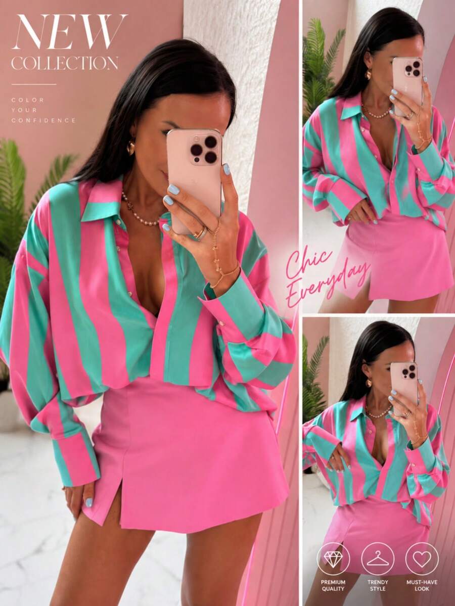 Autumn/Winter Thin Striped Shirt, Loose Fit, Collared, Versatile, Flattering, Slimming Top - Multicolor - View 1