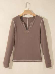 Acelitt Women's Ribbed Knit Long Sleeve V-Neck Top, Spring/Autumn Casual Regular Fit, Slightly Stretchy Fabric - Mocha Brown - View 3