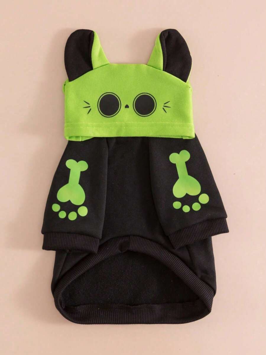 LUCKIE PAL 1pc Halloween Cartoon Pet Hooded Sweatshirt Space Skeleton Rib Planet Rocket Cat Print Spring Autumn Thin Breathable Dog Clothes Suitable For Small And Large Dogs And Cats Indoor And Outdoor - Black - View 1