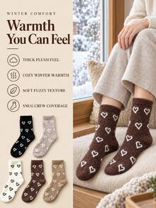 5 Pairs Unisex Heart Couple Fuzzy Crew Floor Socks, Vintage Star Jacquard Faux Mink Fur Warm Knit Socks, Stretch Rib Cuff Cozy Thermal Home Sleeping - Multicolor - View 4