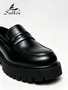 Salkin 新款英式設計男士粗齒厚底樂福鞋 平價奢華厚底一腳蹬樂福鞋 柔軟舒適圓頭優雅正裝鞋 紳士老錢風商務休閒日常鞋 男士情侶約會出遊百搭派對宴會婚禮度假禮物四季男鞋，建議選擇大一號 - 霧面黑 - 查看 3