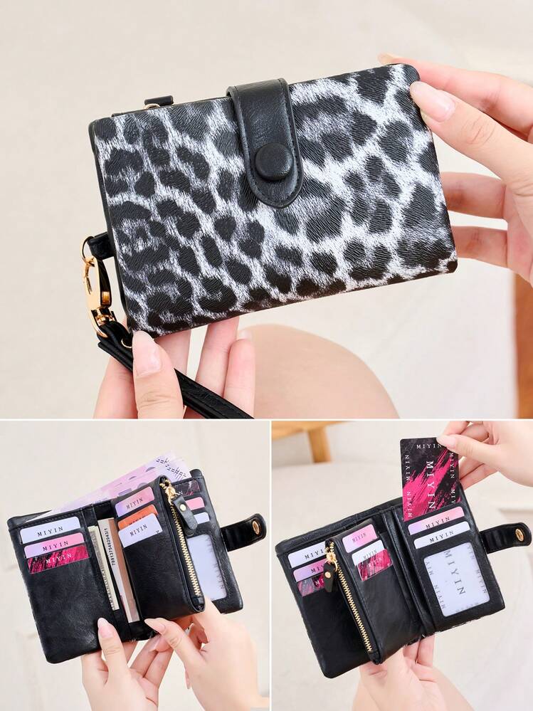 Leopard Print Women's Wristlet Wallet, Large Capacity Snap Button Zipper Coin Purse, Multi-Card Slot Design, With Detachable Wrist Strap, Suitable For Daily And Travel Use - Multicolor - View 9