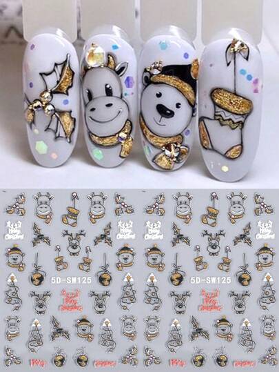 SWEET TREND 5D Cartoon Glitter Embossed Christmas Nail Stickers Hollow Black & Gold Bull Bear Deer Elk Christmas Tree Holly Berry Christmas Stocking Lantern Crystal Ball Design DIY Cute Animal Autumn Winter Christmas New Year Salon Self-Adhesive Nail Art Decals