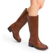 Women's Knee-High Boots, Comfortable Chunky Block Heel Pointed Toe Pull On Side Zipper Suede Slouch Riding Boots - Brown - View 11