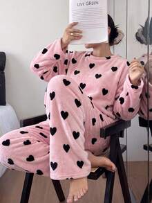 Plus Size 2 Pieces Women's Heart Print Round Neck Long Sleeve Flannel Loungewear Set, Comfortable Pajamas For Autumn/Winter - Multicolor - View 5