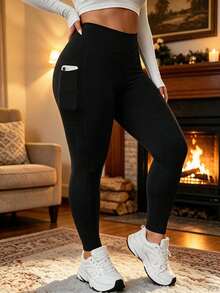 1pc Plus Size Brushed Thermal Lined Yoga Leggings For Autumn/Winter, Side Double Pockets, No Embarrassing Front Design, Double Layer Waistband With Tummy Control - Black - View 5