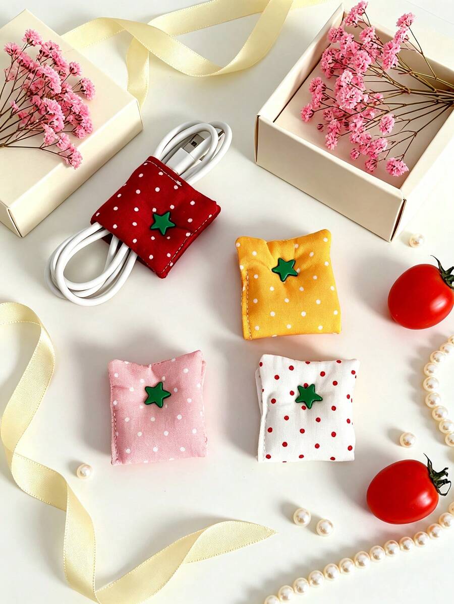 Korean Ins Style Double-Sided Polka Dot Fabric Cable Organizer, Tomato Color Star Button Data Cable Storage Clip, Cute Fabric Cord Winder, Charging Cable Management Organizer, Desktop Storage Accessory - Multicolor - View 1