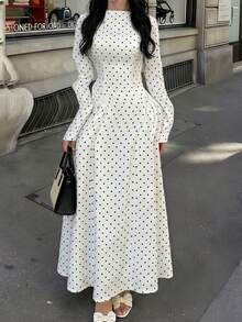 Women's White Black Polka Dot New Spring/Summer Stand Collar Short Sleeve Long Dress, Ruched Waist, Flared Hem, Soft Fabric - White - View 7