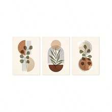 3Pcs Mid Century Modern Canvas Wall Art, Earth Tone Abstract Geometric Botanical Prints, Boho Terracotta Green Plant Poster For Living Room Bedroom, Home Decoration, Posters & Prints, Frameless - 368 - View 11
