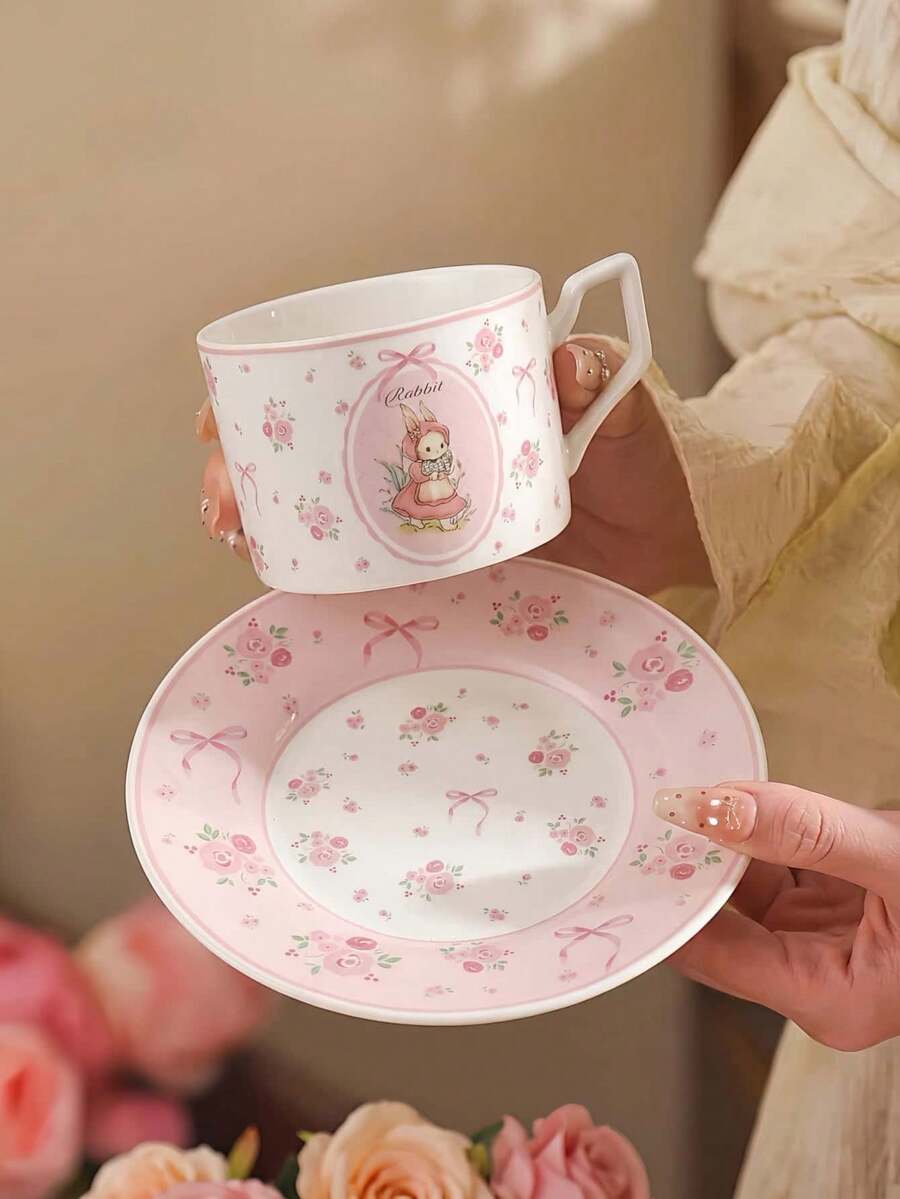 1 Set Pink Floral Rabbit Ceramic Cup And Saucer, Exquisite And Beautiful Coffee Cup And Saucer, Afternoon Tea Coffee Cup And Saucer, Beautiful Gift Cup And Saucer For Friends, Suitable For Home, Restaurant, Cafe, Dessert Shop, Gift, Gathering, Party - Pink - View 1