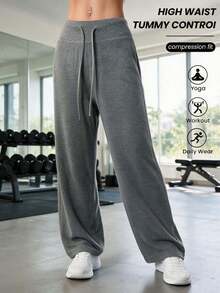 Plus Size Women's High Waist Wide Leg Yoga Pants, Drawstring Tummy Control Athletic Pants, Loose Workout Gym Running Casual Trousers - Dark Grey - View 5