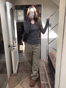Grey Button V-Neck Versatile Elegant Waist Fitted T-Shirt, Slimming All-Match Top For Women - Grey - View 4