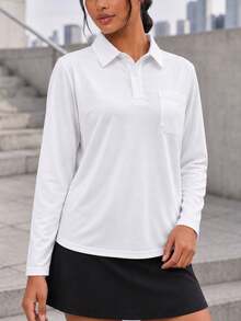 Women's Long Sleeve Polo Shirt Classic Collar Button Front Pocket Casual Top - White - View 2