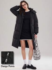 KyrLssu Women Long Hooded Puffer Coat, Zip Up Button Front Mid Length Quilted Winter Jacket, Loose Warm Outerwear With Big Side Pockets - Black - View 1