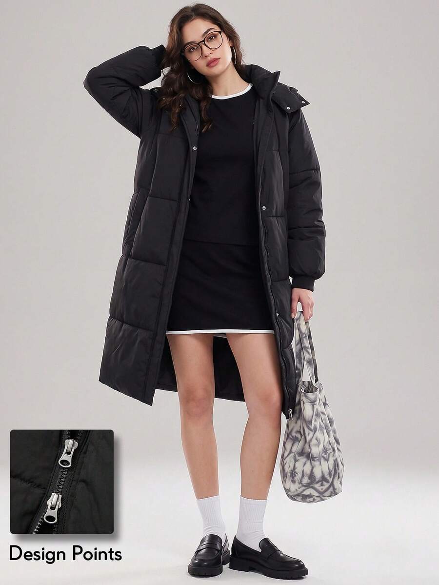 KyrLssu Women Long Hooded Puffer Coat, Zip Up Button Front Mid Length Quilted Winter Jacket, Loose Warm Outerwear With Big Side Pockets - Black - View 1