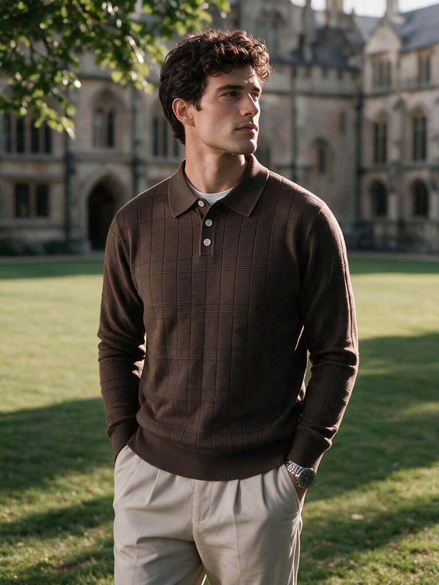 Men's Brown Plaid Textured Knit POLO Shirt, 3-Button Long Sleeve Business Casual Comfortable Top - Brown - View 1