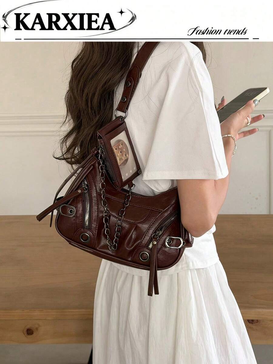 Vintage Y2K Burgundy Oil Wax Leather Motorcycle Underarm Bag, Small ...