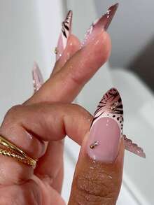 24pcs  Handmade Long Pointed Nail Stickers, With A Nude Base Featuring Leopard Print, 3D Flowers, And Brown Gradient, Decorated With Rhinestones And Small Gold Accessories, Reusable, Perfect For Autumn Parties And Everyday Wear - Rust Brown - View 3