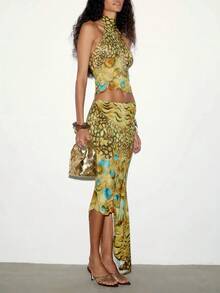 Chic Women's Cheetah Print Halter Two Pieces Outfit With Maxi Skirt, Sexy Bodycon Ensemble For Parties & Special Occasions, Medium Stretch - Green - View 4