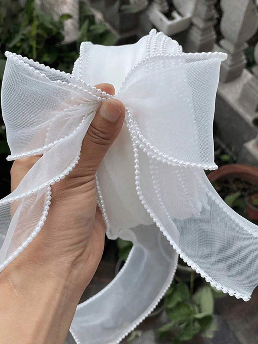 1 Roll 5 Yards Fish Tail Pearl Packaging Satin Ribbon, White Organza Mesh Pearl Ribbon Roll, Suitable For Wedding, Valentine's Day, Mother's Day, Birthday, DIY, Gift Box And Bouquet Decoration - Multicolor - View 1