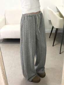 Casual Cable Knit Wide Leg Pants Women Drawstring Low Waist Lounge Trousers Preppy Y2K Fall Winter - Light Grey - View 7
