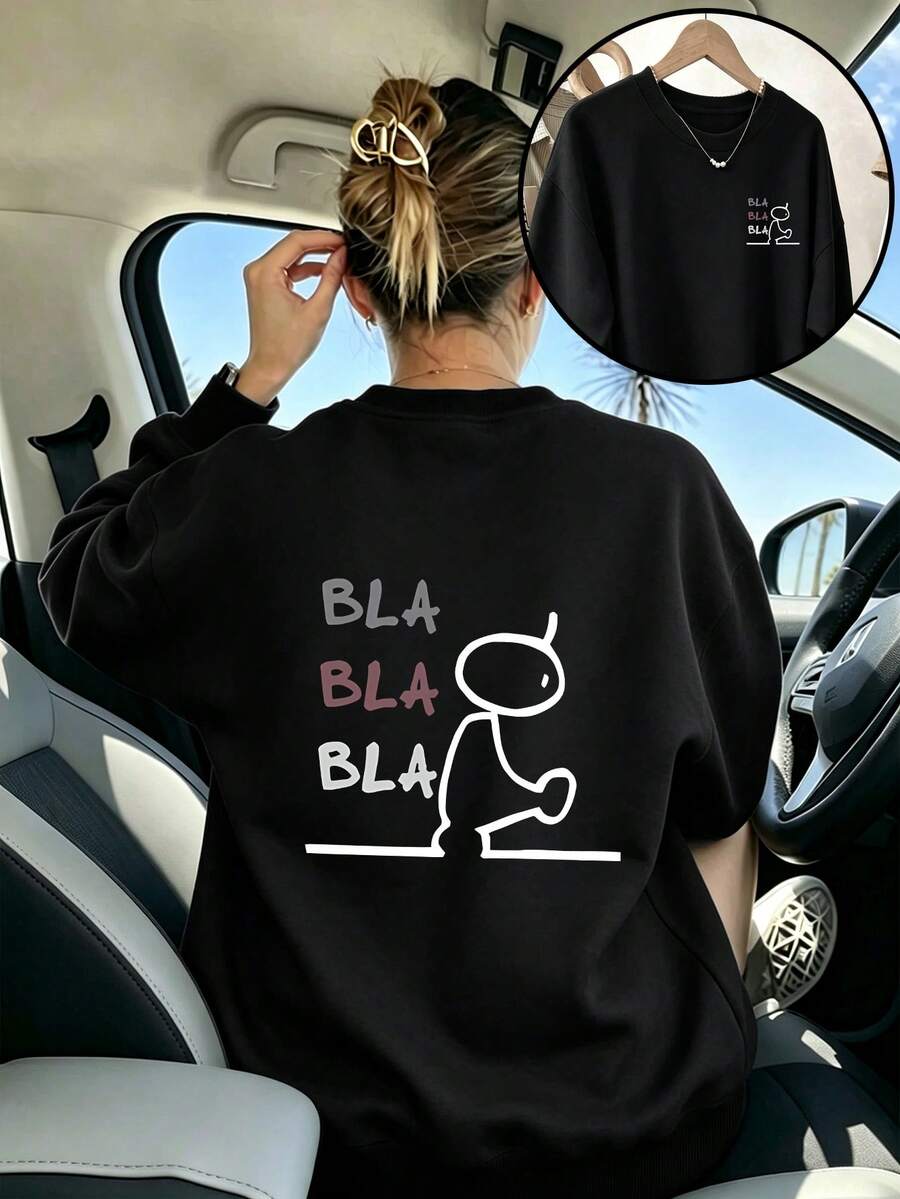 Sudadera casual para mujer de talla grande con un gráfico simple "BLA BLA BLA" impreso en ambos lados, perfecta para el estilo callejero diario en otoño e invierno. - Negro - Ver 1