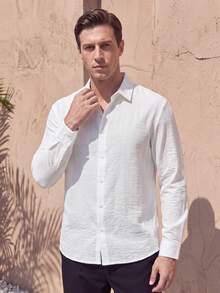 FEIAO Men's Vintage "Old Money" Textured Button Long Sleeve Shirt, Suitable For Commuting, Casual And Vacation, Versatile All-Season Style - White - View 3