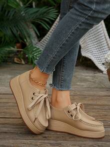 Women's Wedge Heel Thick Sole Loafers, Retro Leather Upper, Versatile Round Toe Front Lace-Up Casual Sneakers, Solid Color - Khaki - View 6