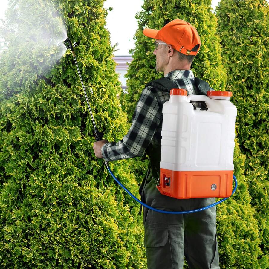 Pulverizador de mochila a batería    con carrito, presión ajustable de 0 a 94 PSI, tanque de 4 galones con ruedas, 8 boquillas y 2 varillas, batería de 12 V y 7,2 Ah, tapa ancha para desherbar, pulverizar y limpiar. - Blanco + naranja - Ver 1