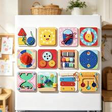 Multifunctional Wooden Fridge Magnet Busy Board, Baby Dressing Buttons, Lacing, Gears, Clock, Early Education Educational Magnetic Fridge Magnet Toy - Multicolor - View 2