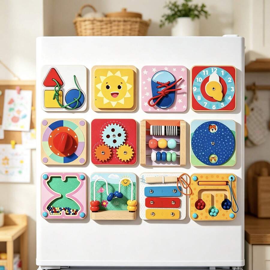 Multifunctional Wooden Fridge Magnet Busy Board, Baby Dressing Buttons, Lacing, Gears, Clock, Early Education Educational Magnetic Fridge Magnet Toy