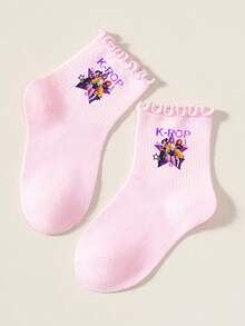 KPop Demon Hunters 1/1/5 Double K-Pop Girl Group Character Print, Ruffle Cuff, Girls' Ruffle Socks, Baby Socks, Girls Back To School, New Girls' Outfit Matching, Girls' Socks, Skin-Friendly Elastic Breathable Fabric, Ruffle Ribbed Cuff Doesn't Bind Ankles, Durable And Resistant To Deformation; Sweet Korean Style, Macaron Multi-Color Sock Body With K-POP Cartoon Girl Group Print, Children's Versatile School Socks - Multicolor - View 15