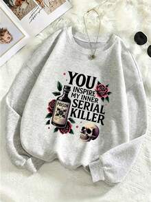 Women's Loose Sweatshirt, Soft Crew Neck Casual Top, Long Sleeve With Creative Letter Print, Machine Washable, Versatile Fall Winter Must-Have - Light Grey - View 2