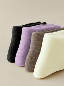 5 Pairs Random Women Maillard Fleece‑Lined Mid‑Calf Socks, Thick Plush Inner Warm Knit Socks, Holiday Gift Long Socks For Fall Winter & Christmas - Multicolor - View 8