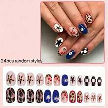24pcs Short Oval Leopard Print, Polka Dot, Striped Nail Stickers - Multicolor - View 6