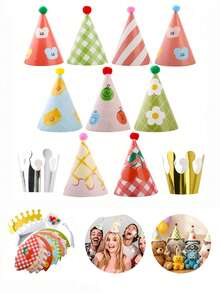 11/4/1pc-Mini Party Hats, Birthday Cone Hats For Stuffed Animals And Pets,9 Paper Cones And 2 Crowns, DIY Assembly With Pom Poms, Cute Cherry Design.(1/4/11pcs) - A - View 2