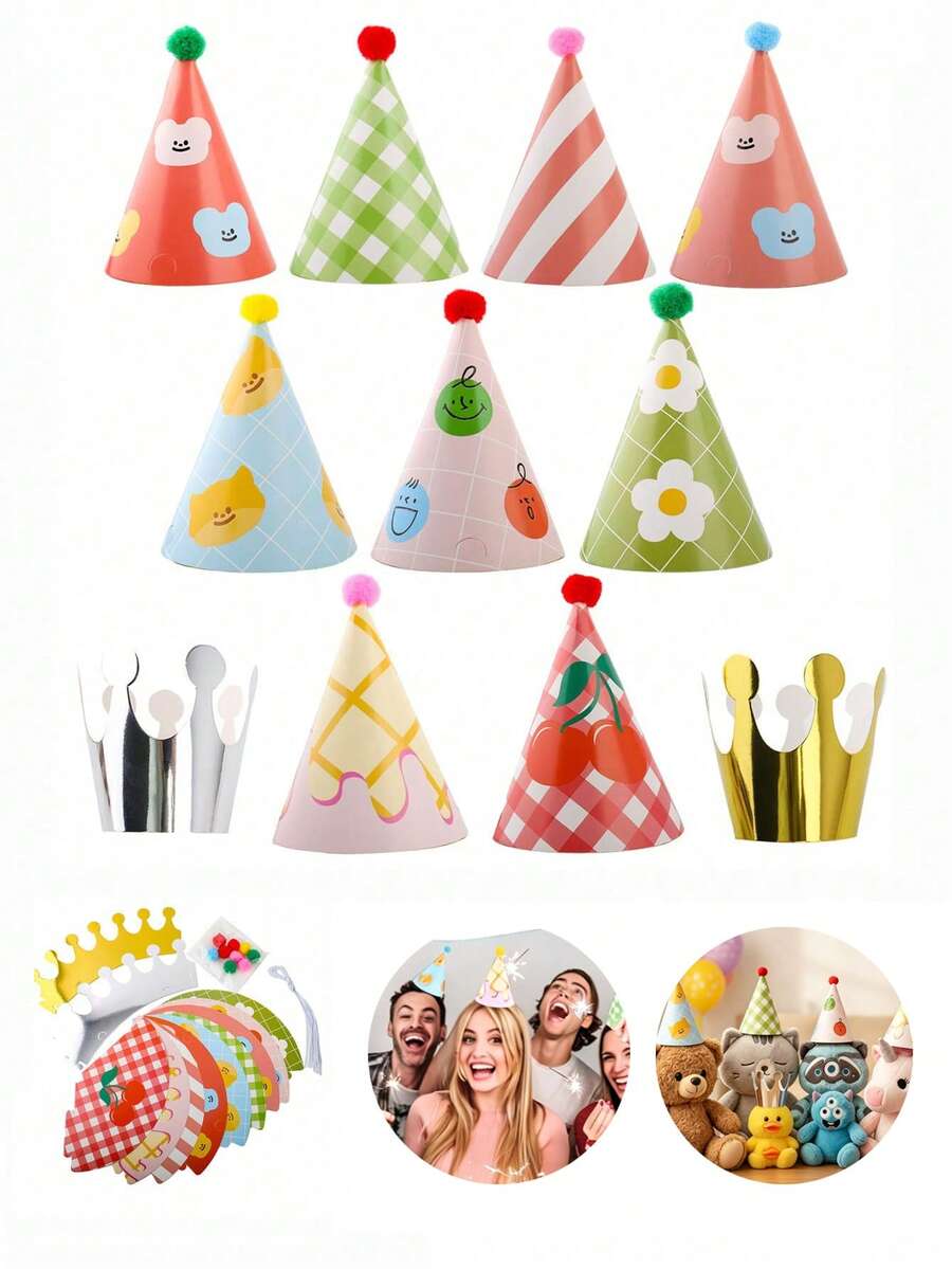 11/4/1pc-Mini Party Hats, Birthday Cone Hats For Stuffed Animals And Pets,9 Paper Cones And 2 Crowns, DIY Assembly With Pom Poms, Cute Cherry Design.(1/4/11pcs)