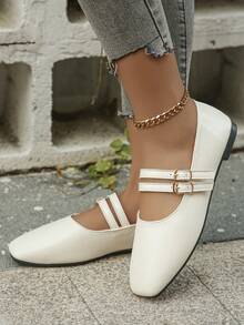 Spring/Autumn New Women's Flat White Double Buckle Square Toe Mary Jane Shoes, Versatile Daily Commute Retro Ballet Shoes - White Double Buckle Strap - View 5